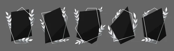 Botanical polygonal frame leafy black flat set — Stockvector