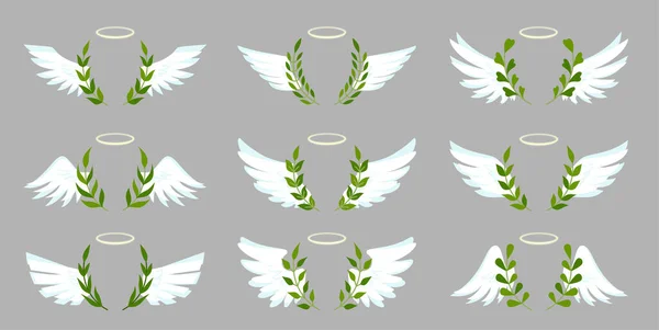 Φτερούγα αγγέλου λευκό στεφάνι φυλλώδες λογότυπο πτήση επίπεδη σύνολο — Διανυσματικό Αρχείο