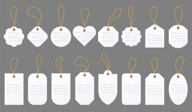 Romantik kırmızı bembeyaz setten hediye etiketi. Bilgi etiketi sevgililer günü hediye kağıdı. Boş şablon düzeni aşkın farklı şekli. Yorgan dikişli vintage işaret Kraft biçimi izole