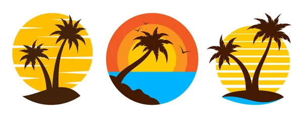 Tropische Palmen Landschaft Reise Logo Flach Gesetzt Sonnenaufgang Sonnenuntergang Insel — Stockvektor