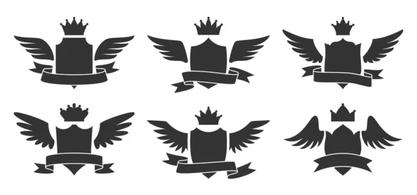 Escudo Asa Coroa Fita Emblema Conjunto Glifo Preto Segurança Proteção — Vetor de Stock