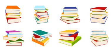 Book pile stack heap vintage modern style flat set. Collection element school student presentation ads library bookstore collage object isometric infographic education business literary site isolated