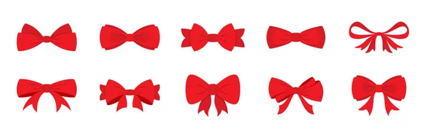 Red Bow Holiday Gift Party Ribbon Xmas Flat Set Decoration — ストックベクタ