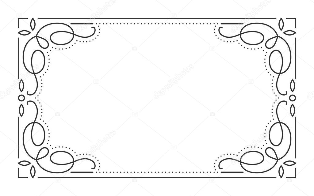 Vintage frame border divider separator black line. Retro filigree rectangle shape greeting card restaurant menu wedding decorating book cover. Rich pattern geometric design element isolated on white