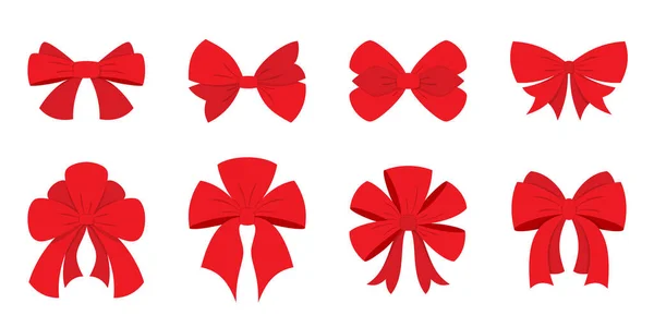 Red Bow Holiday Gift Party Ribbon Xmas Flat Set Decoration — ストックベクタ