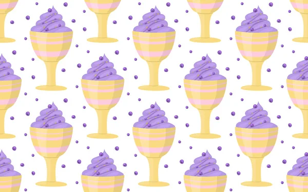 Purple Blueberry Ice Cream Cup Seamless Pattern Doodle Sloppy Style — Vetor de Stock