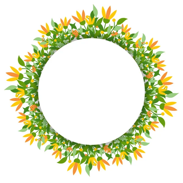 Yellow flower floral bunch round banner spring flat. Delicate design greeting card invitation banner. Romantic cute sticker background save date valentine day label spring party signboard isolated