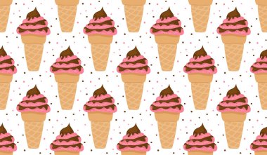 Choco raspberry icecream waffle horn seamless pattern flat. Doodle sloppy style sticker label dairy summer kid holiday biz handmade wrapping paper print fabric textile wallpaper festive background