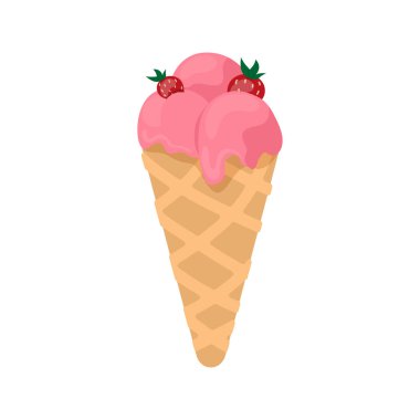 Strawberry icecream waffle horn fruit berry flat. Doodle sloppy style sticker label fresh summer print icon ad decor kid holiday sweet dessert template menu modern handmade business craft isolated