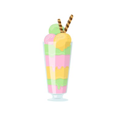 Fruity Icecream glass jar cup straw cookie flat. Cold dessert beautiful dish cup restaurant menu. Juicy fresh chocolate cookie summer icon ad decor kid holiday sweet template handmade sticker isolated
