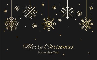 Noel tebrik kartı, lüks altın kar tanesi, siyah daire. İnce çizgi düzenlenebilir yeni yıl bayramı koyu arkaplan metalik efekti davetiye ekran koruyucu mevsimlik sertifika web pankartı