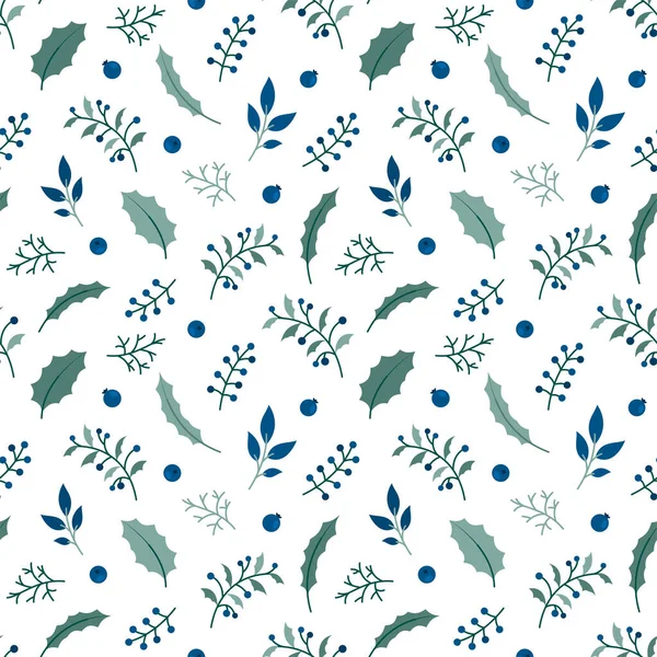 Winterblaues Muster Stechpalme Zweig Blaubeere Flach Jahreszeiten Ernte Neujahr Ornament — Stockvektor