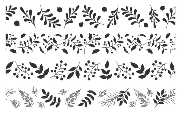 Weihnachten Blumen Nahtlosen Rand Silhouette Set Neujahr Drucken Muster Rahmen — Stockvektor