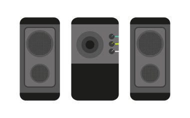 Akustik kompleks stereo hoparlör sistemi siyah düz. Woofer kontrol düğmesi ev sistemi. Ses müziği film akustiği bilgisayar aksesuarı, bilgisayar aksesuarı, bas ses sistemi.