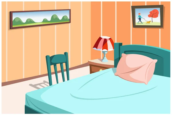 Kamar Tidur Tunggal Memiliki Tempat Tidur Dan Lampu Dalam Ruangan - Stok Vektor