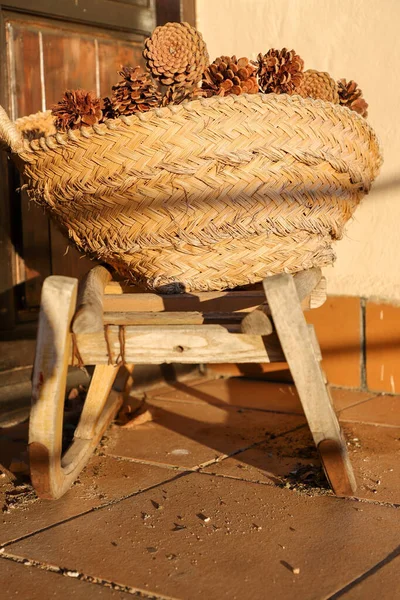Close Wicker Basket Rope Wooden Logs —  Fotos de Stock