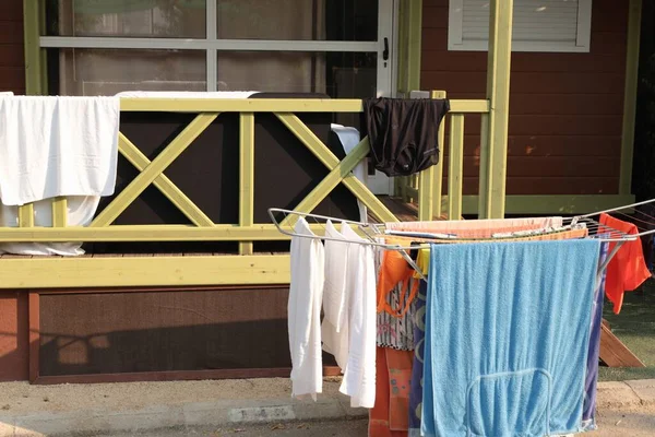 Clothesline Summer Clothes Campsite Drying Sun — Fotografia de Stock