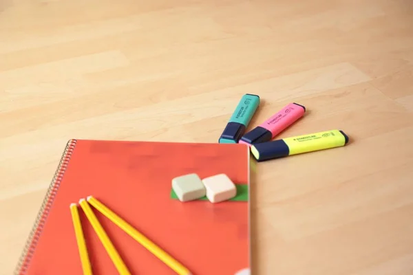 Colorful Pencils Marker Pens Wooden Board Wood Desk School Top —  Fotos de Stock