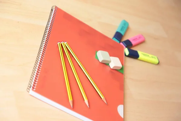 Top View Wooden Desk Pencils Stationery White Table — Fotografia de Stock