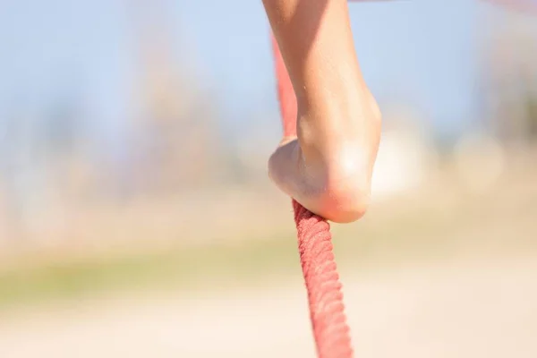 Young Woman Runner Tying Rope Stretching Hands Green Field Closeup — Stock Photo, Image