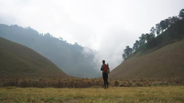 Turysta z dużym plecakiem patrzy na wzgórza w polu — Wideo stockowe