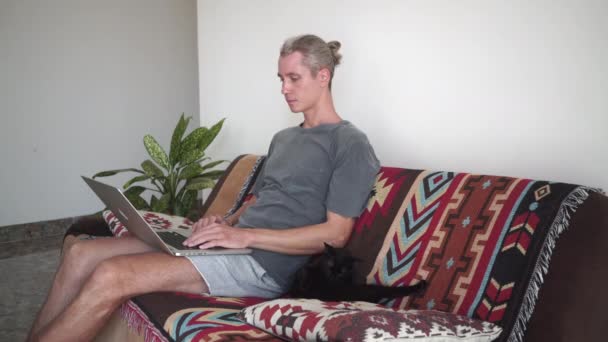 Mężczyzna typy na laptop siedzi na kanapie w pobliżu lizanie czarny kot — Wideo stockowe