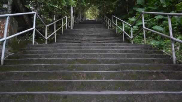 Lange grijze betonnen trap met metalen leuningen in het park — Stockvideo
