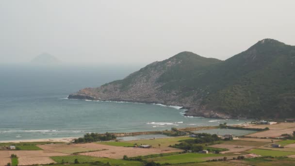 Schuimende golven rollen over de kust met bossen en plantages in Vietnam — Stockvideo