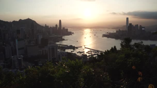 HONG KONG, Sunset over sea bay körül városi épületek sziluettek — Stock videók