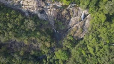 Yoğun yeşil ağaçlar şelalenin yakınındaki kayalık kayalıklarda yetişir.