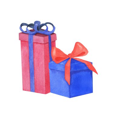 Suluboya Noel hediyeleri. Pembe ve mavi hediyeler. Tasarım için elle boyanmış illüstrasyon.