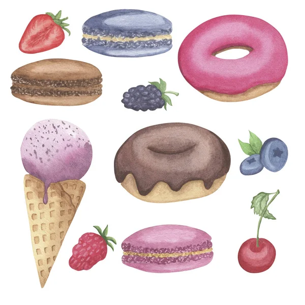 Illustrations aquarelle bonbons : crème glacée, beignets, macarons et baies. Ensemble peint à la main isolé sur fond blanc — Photo
