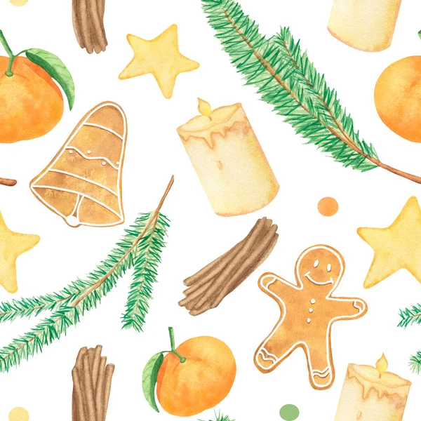 Padrão de ano novo aquarela com tangerinas, velas, pão de gengibre, árvore. Símbolos tradicionais de Natal pintados à mão — Fotografia de Stock