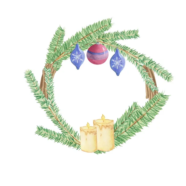 Watercolor christmas wreath with christmas tree, balls and candles. Hand painted illustrations. Symbols of new year. — Stock Photo, Image