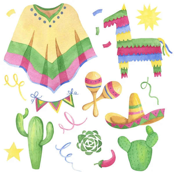 Akvarell Mexikanska Motiv Pinata Maracas Kaktus Poncho Sombrero Flaggor Konfetti — Stockfoto