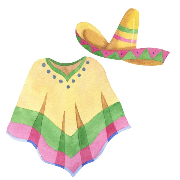 Acuarela Poncho Mexicano Sombrero Ilustraciones Dibujadas Mano Para Tarjetas Fiesta — Foto de Stock