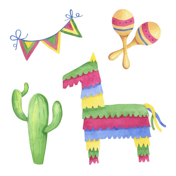 Akvarell Mexikanska Symboler Såsom Pinata Maracas Flaggor Kaktusar Handritade Illustrationer — Stockfoto