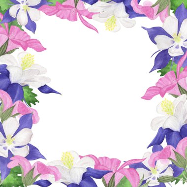 Suluboya çiçek çerçevesi beyaz bir arkaplanda izole edilmiş. Tasarım kartları için el çizimi çerçeve, düğün baskısı.