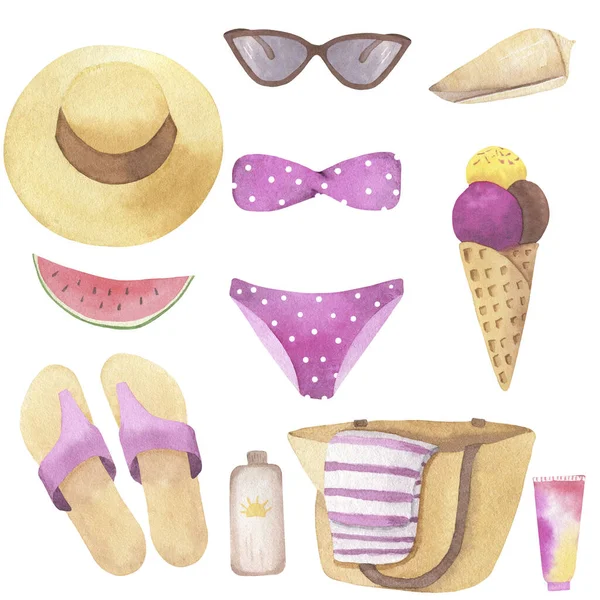 Ensemble de plage d'été aquarelle avec chapeau, maillot de bain, pantoufles, sac de plage, lunettes, crème glacée. Illustrations dessinées main. — Photo