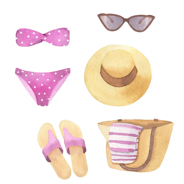 Praia de verão aquarela com chapéu, maiô, chinelos, bolsa de praia, óculos, sorvete. Ilustrações desenhadas à mão. — Fotografia de Stock