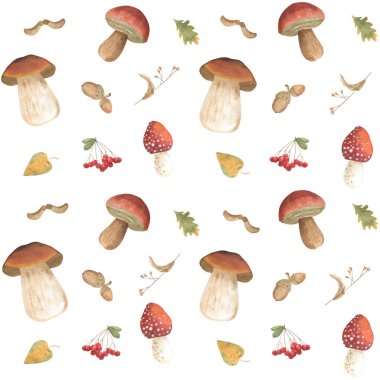 Orman elementleriyle suluboya deseni: mantar, yaprak, meşe palamudu. Kumaş üzerine baskı için desen.