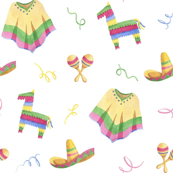 Vízfesték mexikói minta poncho, pinata, maracas, sombrero. Kézzel rajzolt illusztrációk fiesta kártyák tervezéséhez Jogdíjmentes Stock Képek