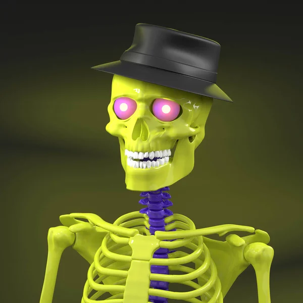 Skinny Bones Skelet Met Fedora Gekleurde Wervelkolom — Stockfoto