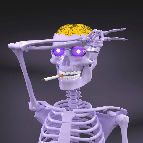 Skinny Huesos Esqueleto Con Cigarrillo Cerebro Dorado —  Fotos de Stock