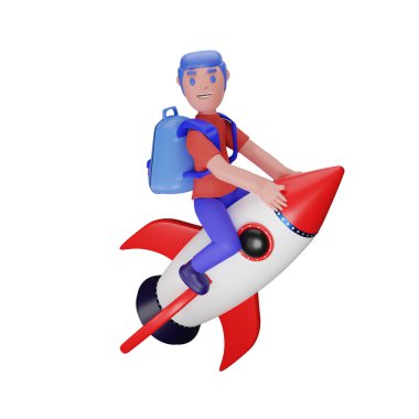 3D tasviri rokete binen bir karakter okula dönüş konseptiyle