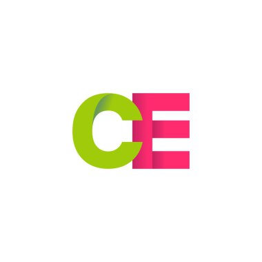 Initial letters CE, overlapping fold logo, green magenta pink, vector template elements for creative industry