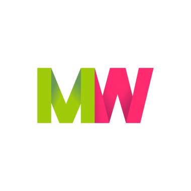 Initial letters MW, overlapping fold logo, green magenta pink, vector template elements for creative industry