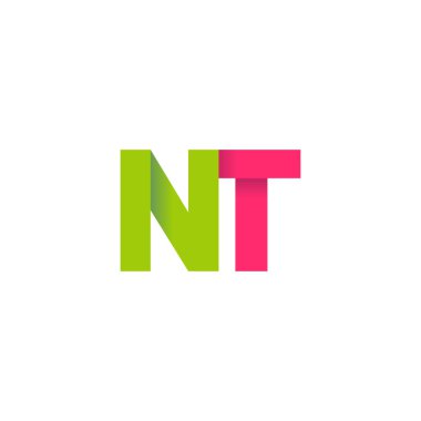 Initial letters NT, overlapping fold logo, green magenta pink, vector template elements for creative industry