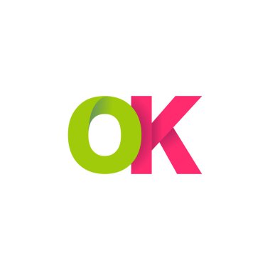 Initial letters OK, overlapping fold logo, green magenta pink, vector template elements for creative industry
