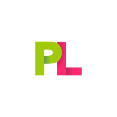 Initial letters PL, overlapping fold logo, green magenta pink, vector template elements for creative industry